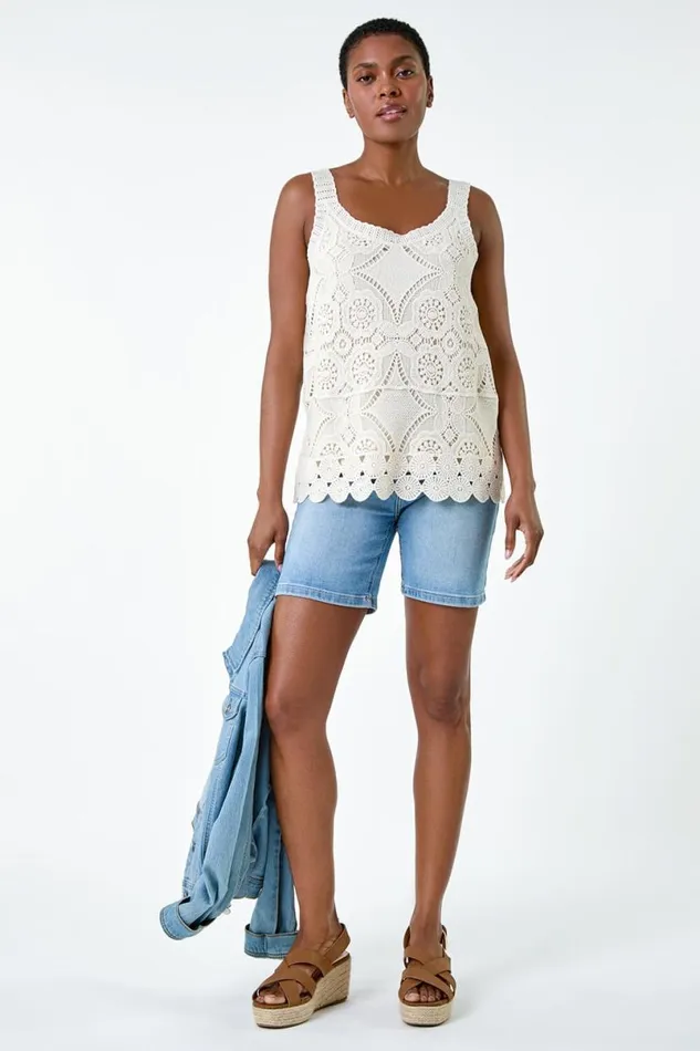 Natural Cotton Crochet Knit Vest Top Women Roman Tops
