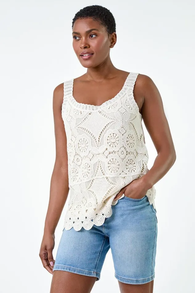Natural Cotton Crochet Knit Vest Top Women Roman Tops