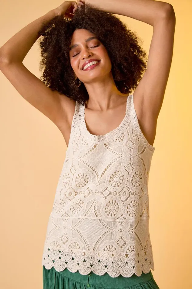 Natural Cotton Crochet Knit Vest Top Women Roman Tops