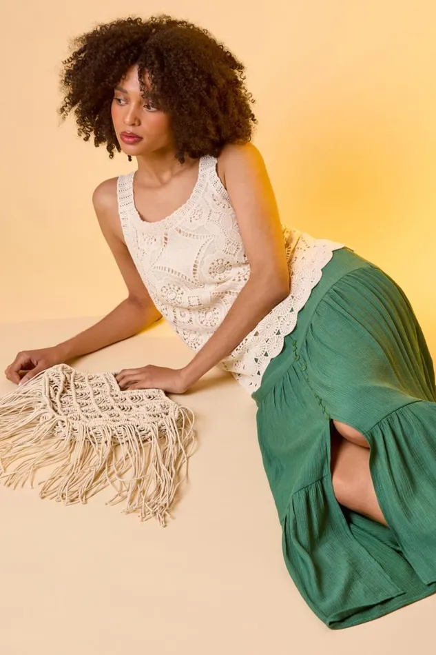 Natural Cotton Crochet Knit Vest Top Women Roman Tops
