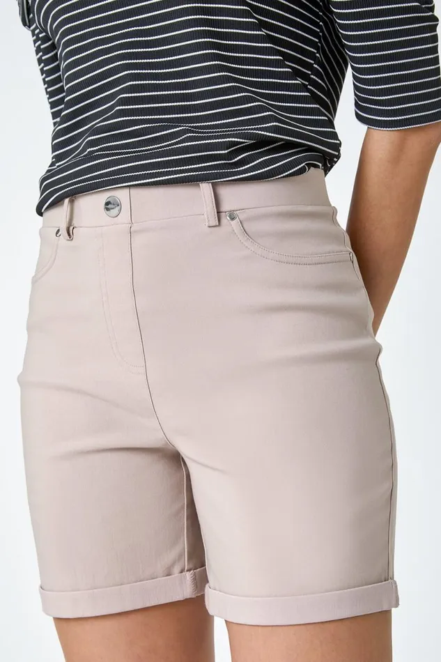 Natural Stretch Elastic Waist Turn Up Shorts Women Roman Coords