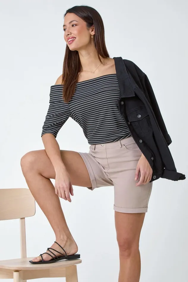 Natural Stretch Elastic Waist Turn Up Shorts Women Roman Coords