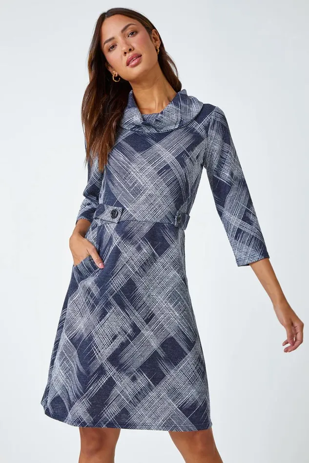 Navy Abstract Cowl Neck Stretch Dress Women Roman Dresses