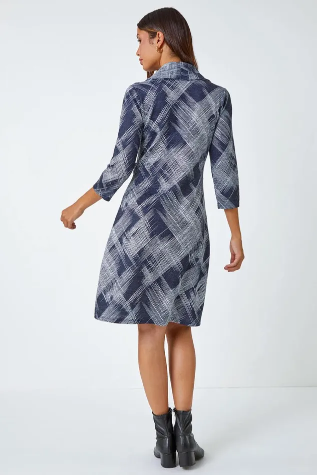 Navy Abstract Cowl Neck Stretch Dress Women Roman Dresses