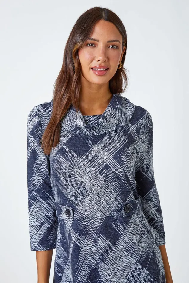 Navy Abstract Cowl Neck Stretch Dress Women Roman Dresses