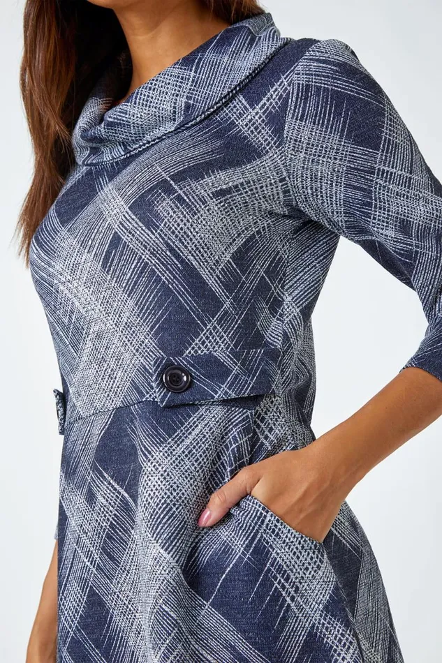 Navy Abstract Cowl Neck Stretch Dress Women Roman Dresses