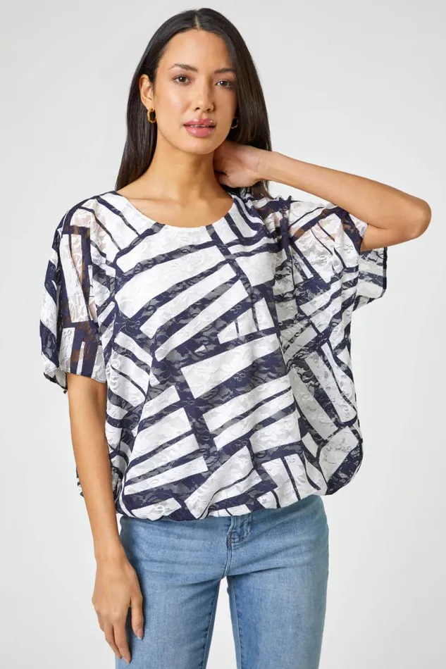 Navy Abstract Print Stretch Jersey Top Women Roman Tops