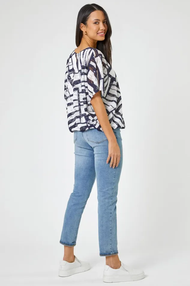 Navy Abstract Print Stretch Jersey Top Women Roman Tops