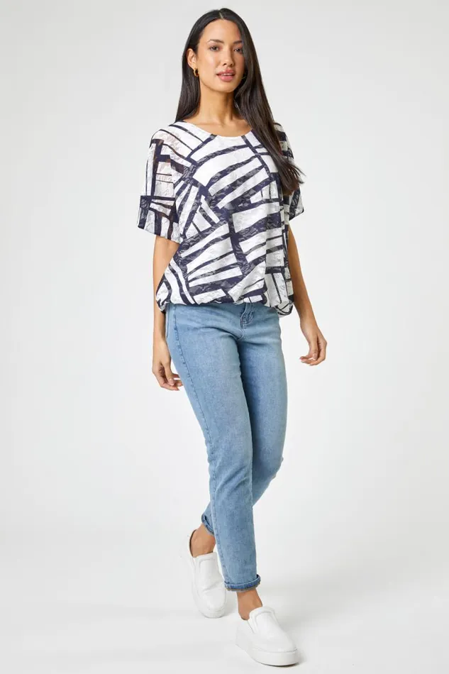 Navy Abstract Print Stretch Jersey Top Women Roman Tops