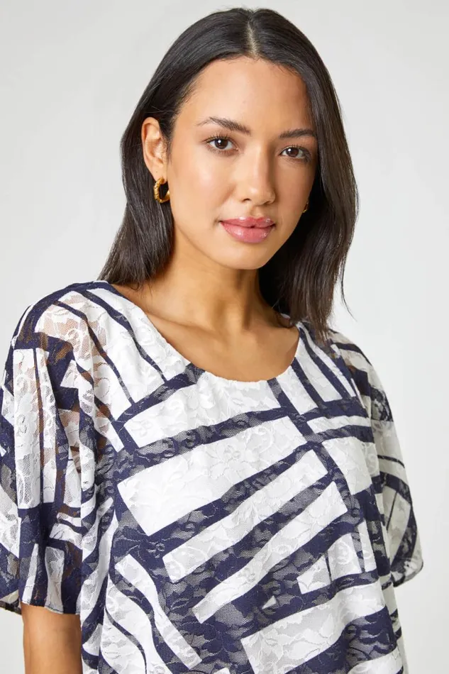 Navy Abstract Print Stretch Jersey Top Women Roman Tops