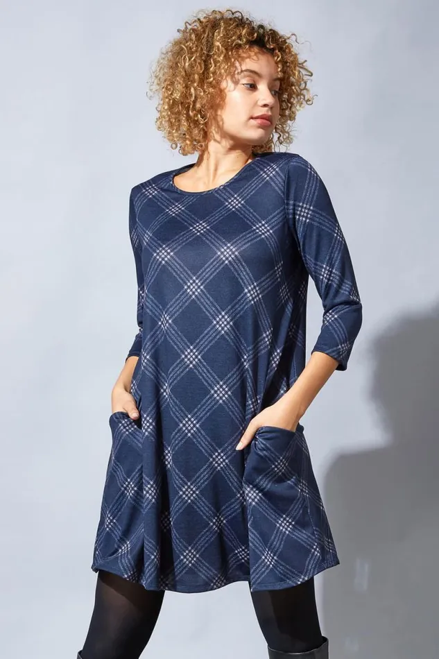 Navy Check Print Pocket Detail Swing Dress Women Roman Dresses