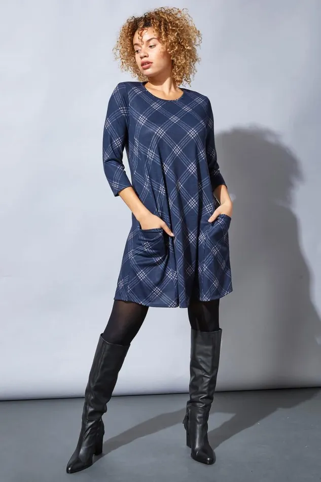 Navy Check Print Pocket Detail Swing Dress Women Roman Dresses