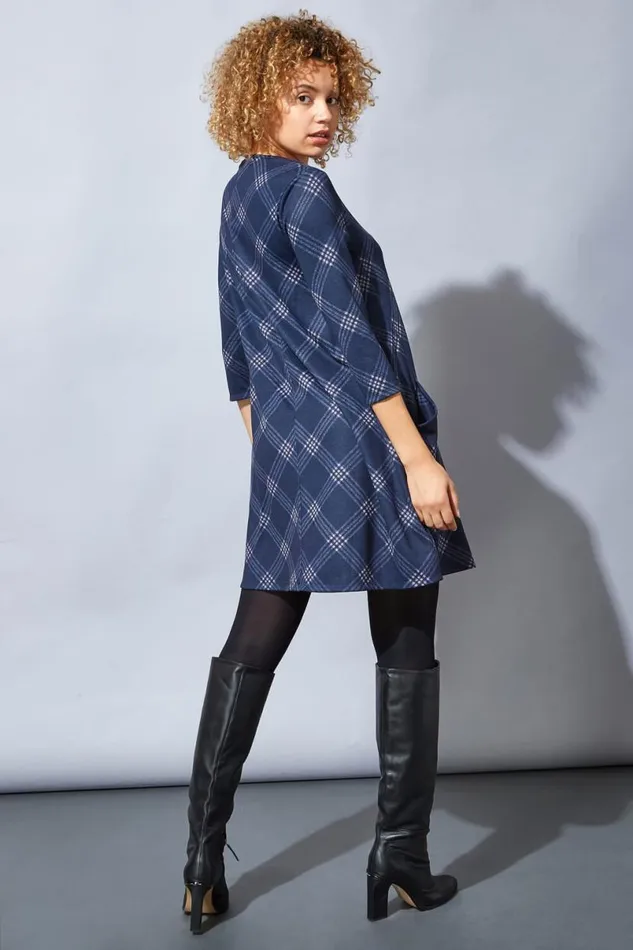 Navy Check Print Pocket Detail Swing Dress Women Roman Dresses