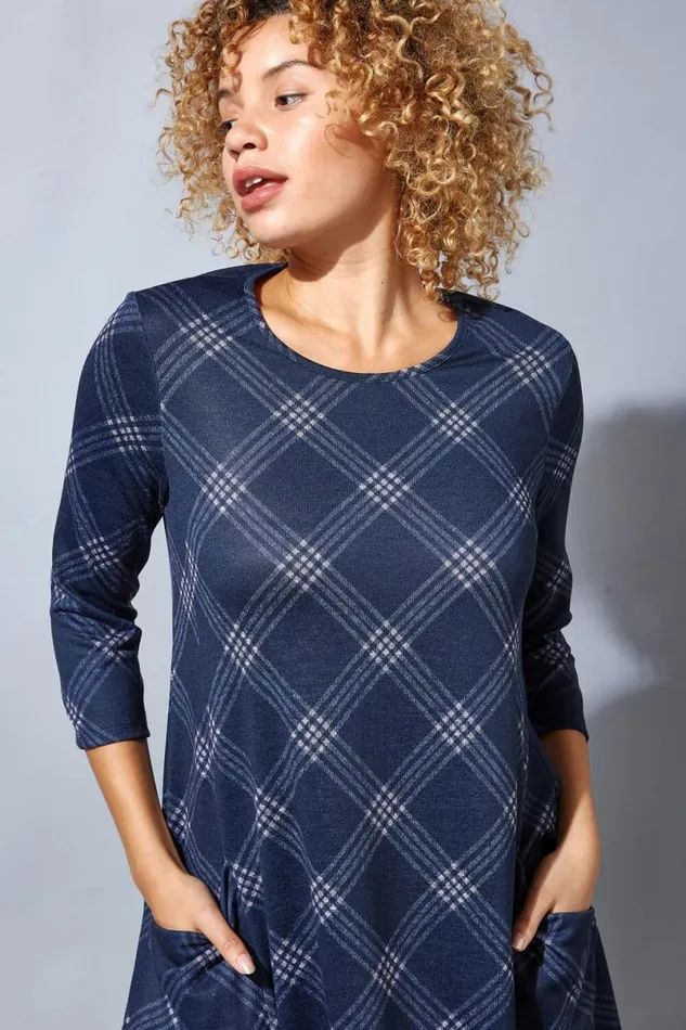 Navy Check Print Pocket Detail Swing Dress Women Roman Dresses