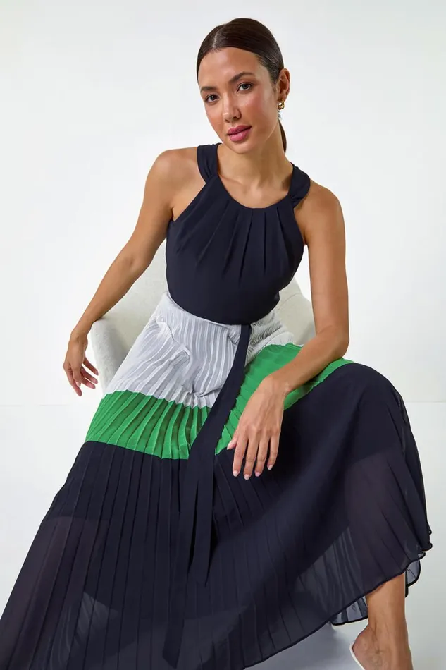 Navy Colourblock Pleat Halter Neck Maxi Dress Women Roman Dresses
