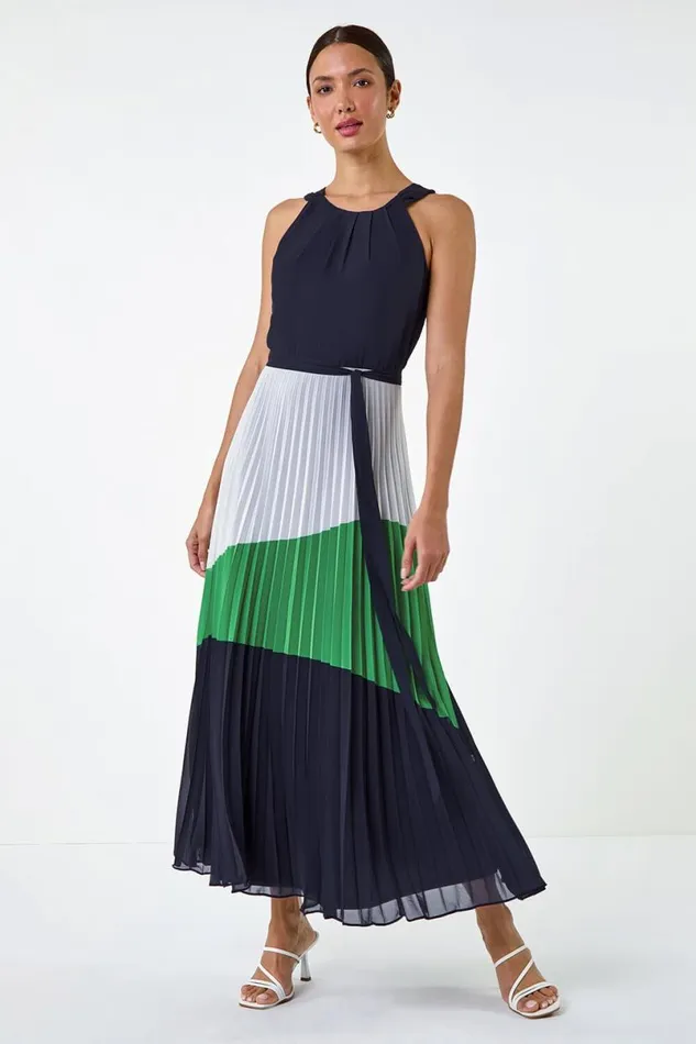Navy Colourblock Pleat Halter Neck Maxi Dress Women Roman Dresses