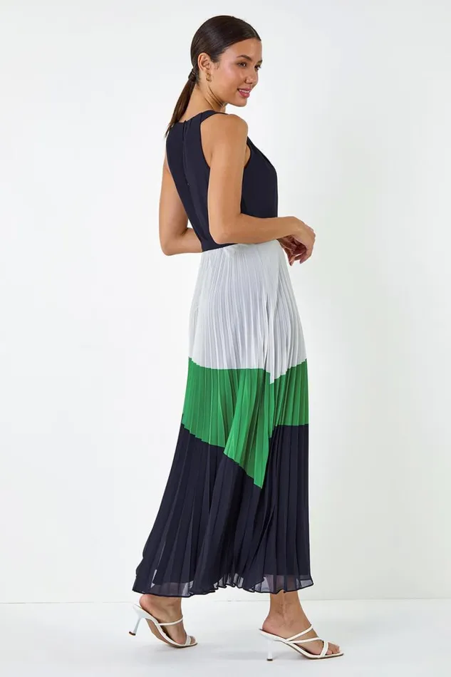 Navy Colourblock Pleat Halter Neck Maxi Dress Women Roman Dresses