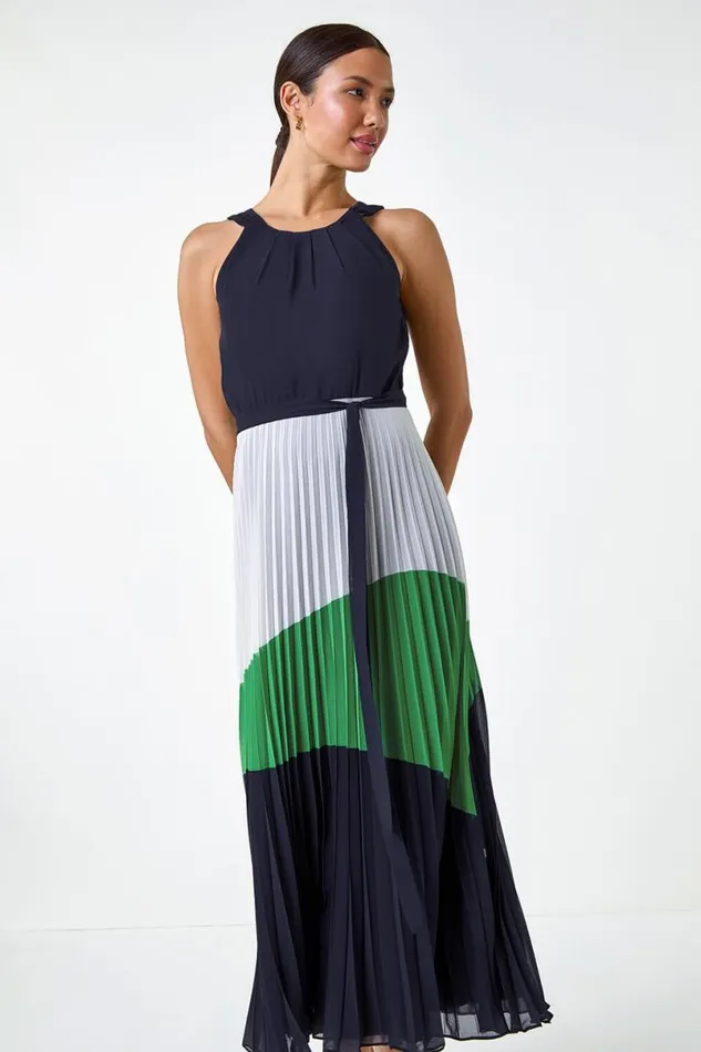 Navy Colourblock Pleat Halter Neck Maxi Dress Women Roman Dresses