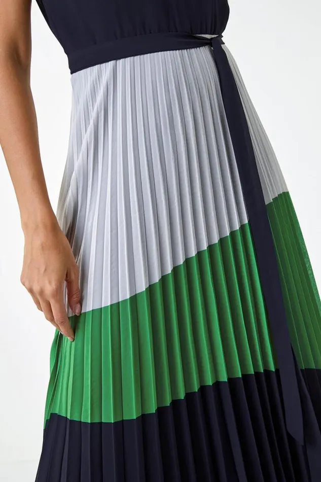 Navy Colourblock Pleat Halter Neck Maxi Dress Women Roman Dresses