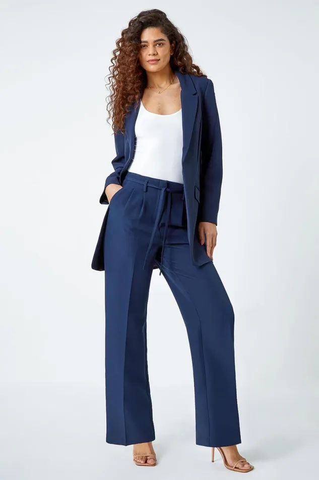 Navy Crepe Stretch Straight Leg Trousers Women Roman Occasionwear