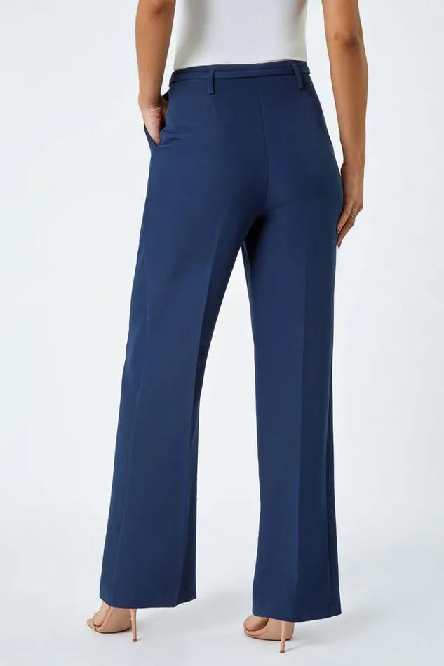 Navy Crepe Stretch Straight Leg Trousers Women Roman Occasionwear