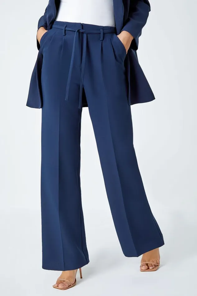Navy Crepe Stretch Straight Leg Trousers Women Roman Occasionwear