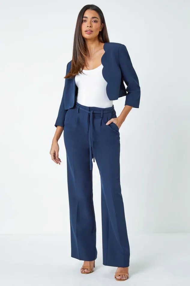 Navy Crepe Stretch Straight Leg Trousers Women Roman Occasionwear