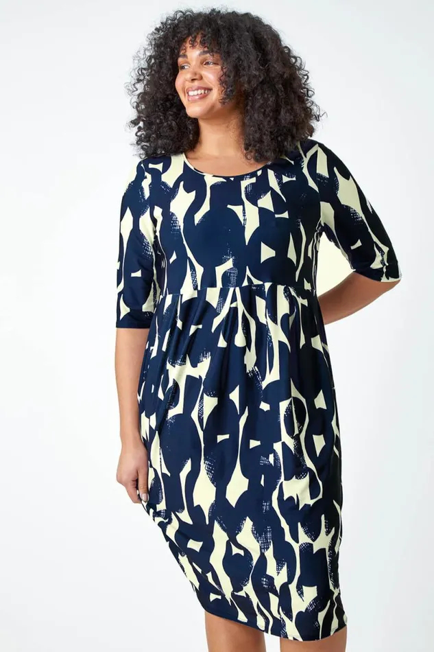 Navy Curve Abstract Relaxed Pocket Dress Women Roman Dresses