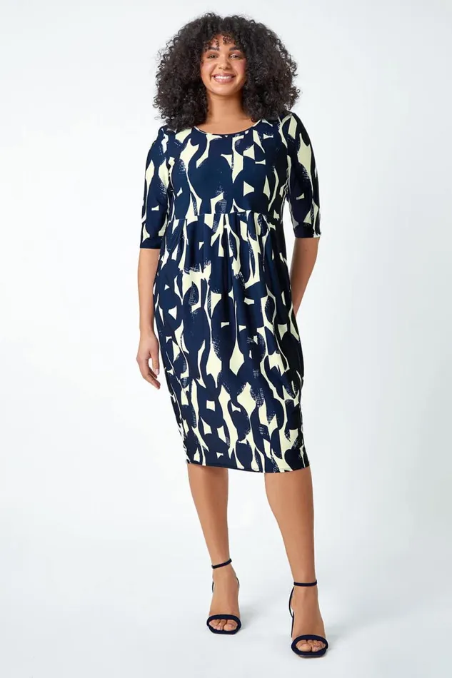 Navy Curve Abstract Relaxed Pocket Dress Women Roman Dresses