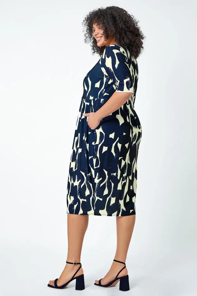 Navy Curve Abstract Relaxed Pocket Dress Women Roman Dresses