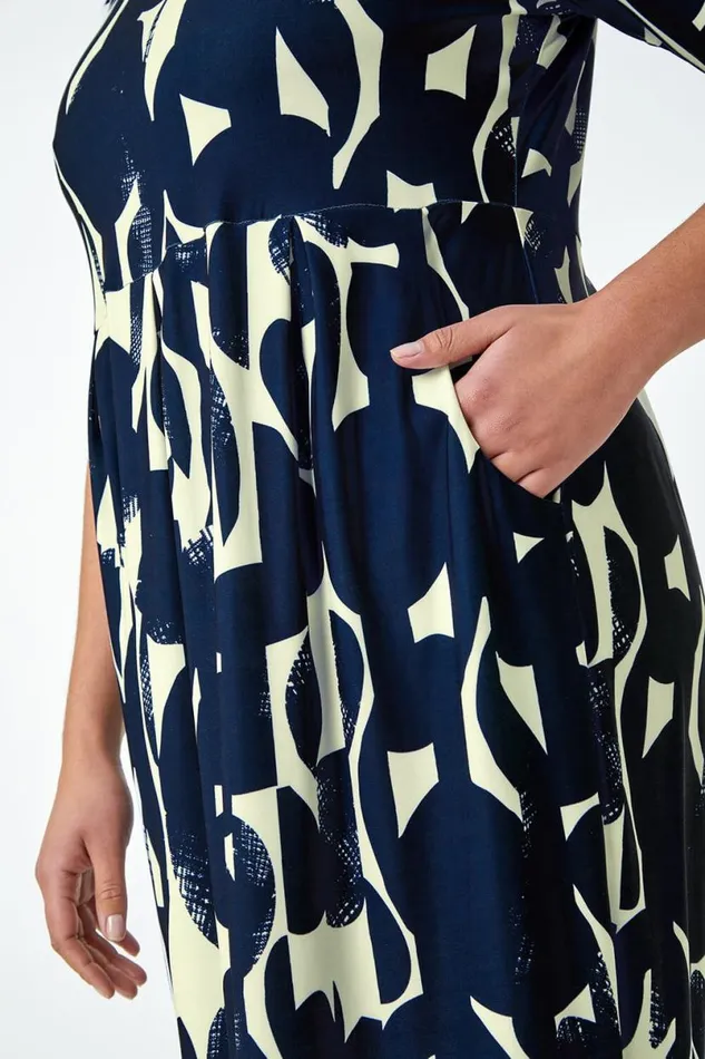Navy Curve Abstract Relaxed Pocket Dress Women Roman Dresses