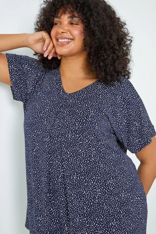 Navy Curve Ditsy Spot Print VNeck Stretch Top Women Roman Tops