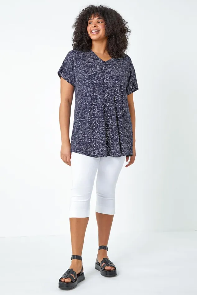 Navy Curve Ditsy Spot Print VNeck Stretch Top Women Roman Tops