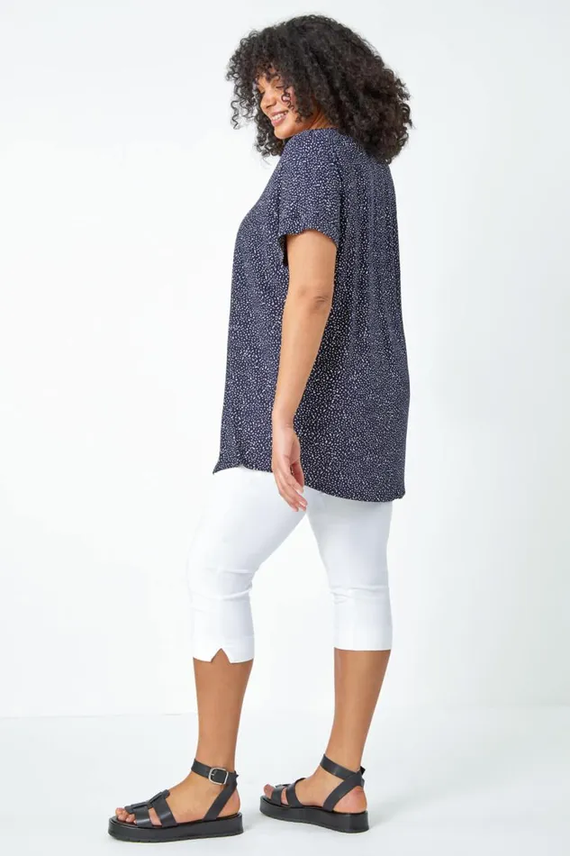 Navy Curve Ditsy Spot Print VNeck Stretch Top Women Roman Tops
