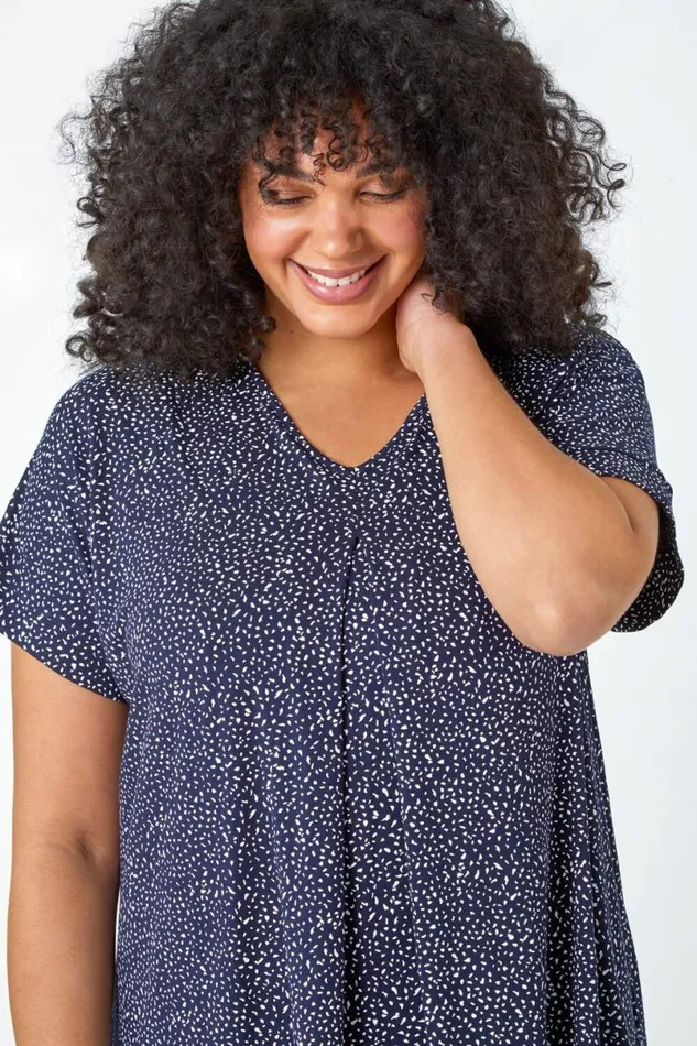 Navy Curve Ditsy Spot Print VNeck Stretch Top Women Roman Tops