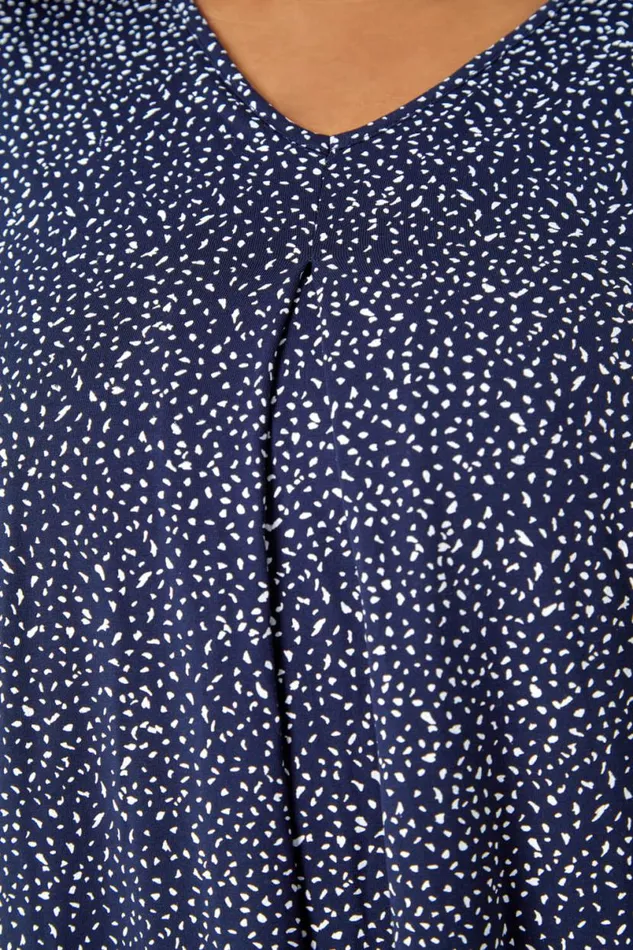 Navy Curve Ditsy Spot Print VNeck Stretch Top Women Roman Tops