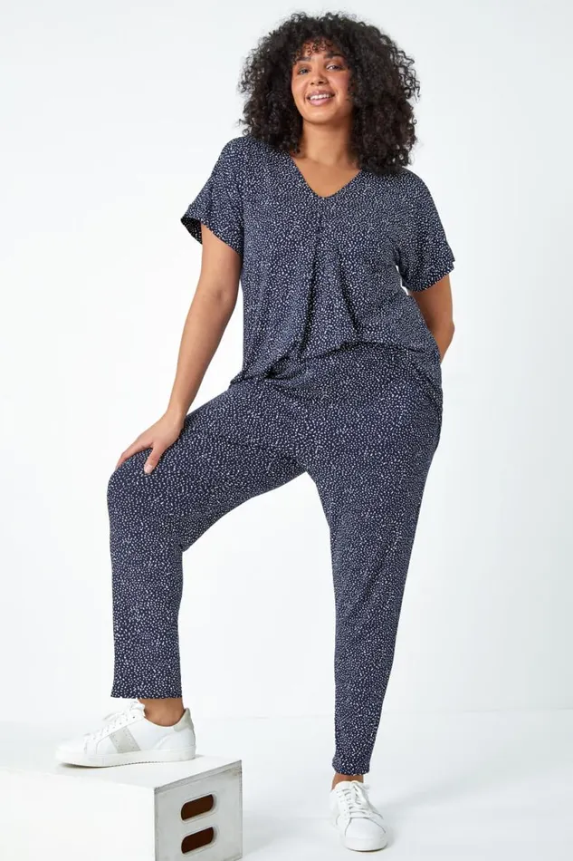 Navy Curve Ditsy Spot Print VNeck Stretch Top Women Roman Tops