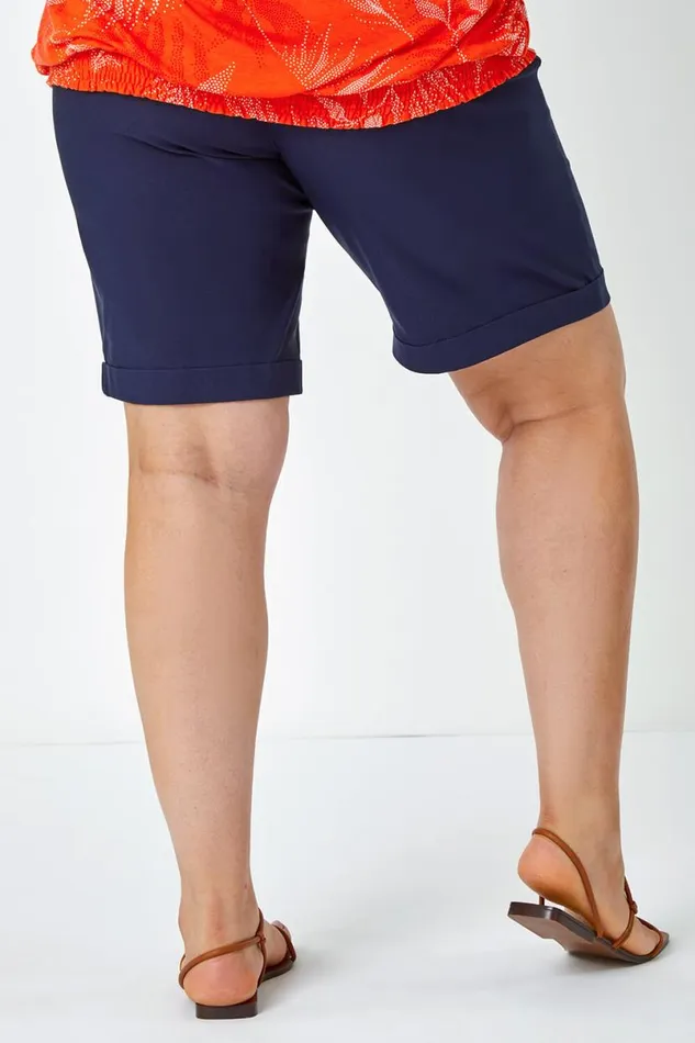 Navy Curve Elastic Waist Turn Hem Stretch Shorts Women Roman Coords