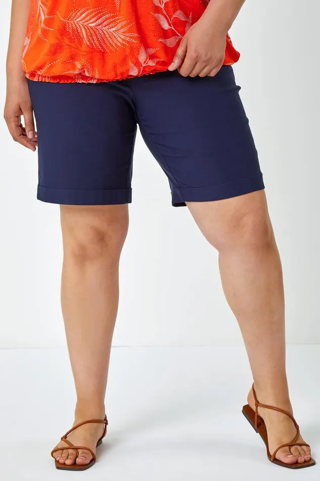 Navy Curve Elastic Waist Turn Hem Stretch Shorts Women Roman Coords