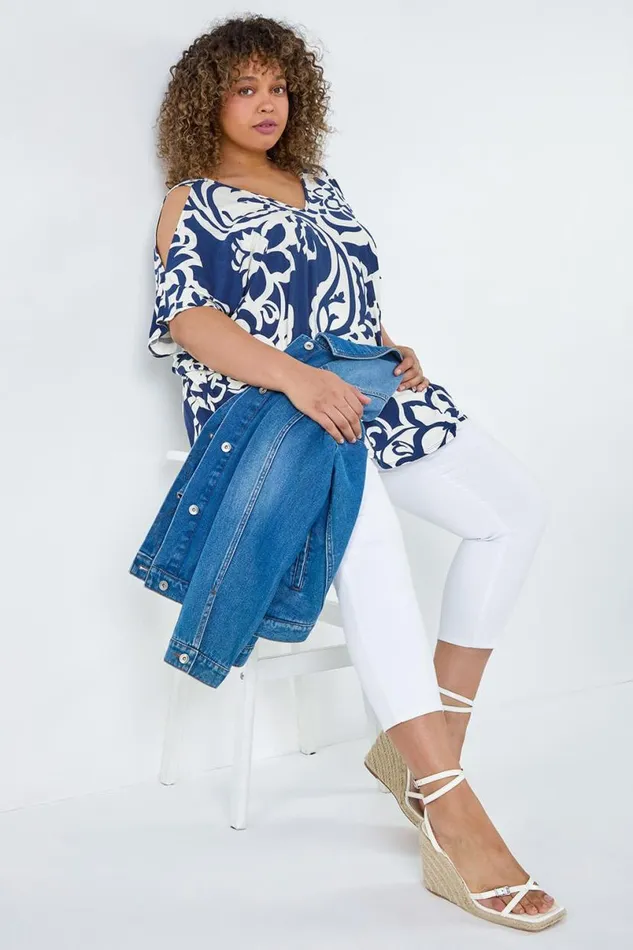Navy Curve Floral Print VNeck Cold Shoulder Top Women Roman Tops
