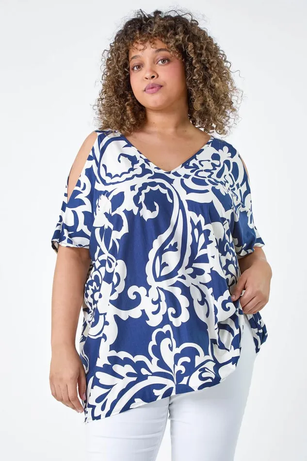 Navy Curve Floral Print VNeck Cold Shoulder Top Women Roman Tops