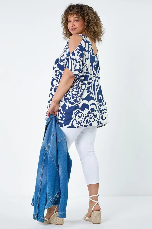Navy Curve Floral Print VNeck Cold Shoulder Top Women Roman Tops