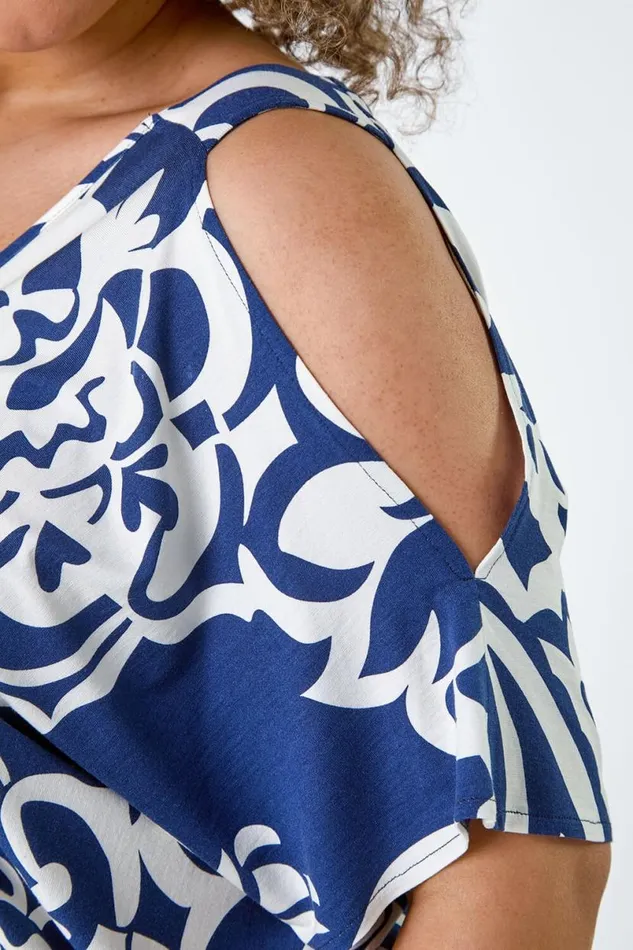 Navy Curve Floral Print VNeck Cold Shoulder Top Women Roman Tops