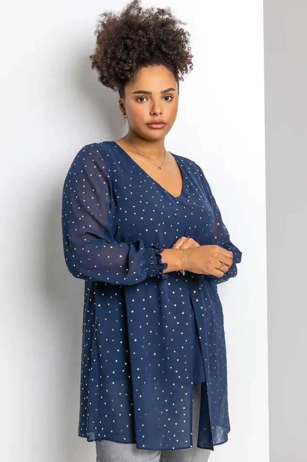 Navy Curve Foil Spot Print Split Front Chiffon Top Women Roman Tops
