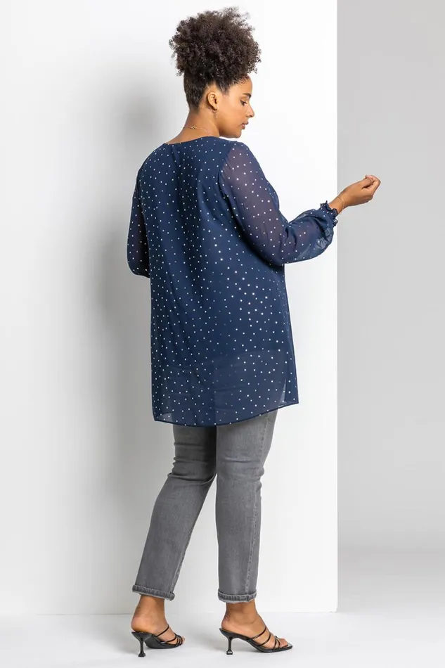 Navy Curve Foil Spot Print Split Front Chiffon Top Women Roman Tops