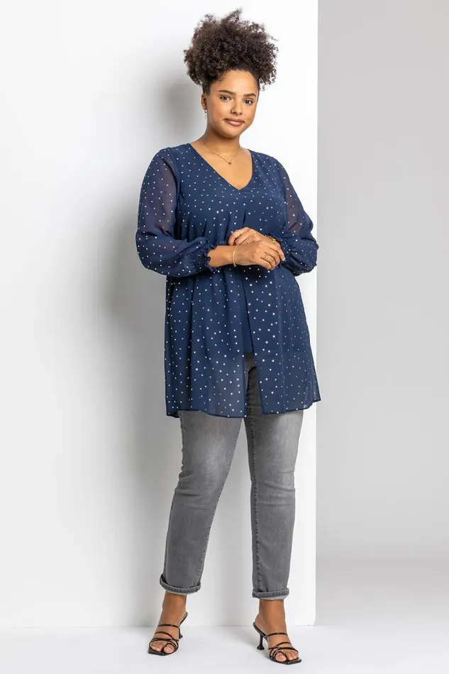 Navy Curve Foil Spot Print Split Front Chiffon Top Women Roman Tops