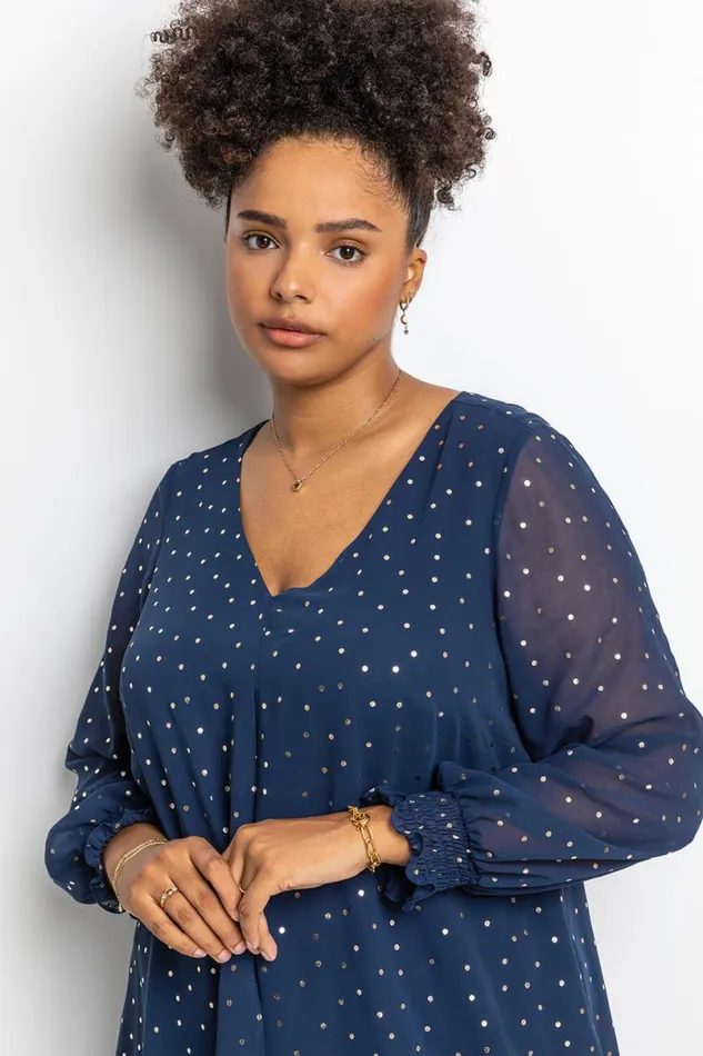Navy Curve Foil Spot Print Split Front Chiffon Top Women Roman Tops