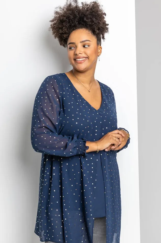Navy Curve Foil Spot Print Split Front Chiffon Top Women Roman Tops