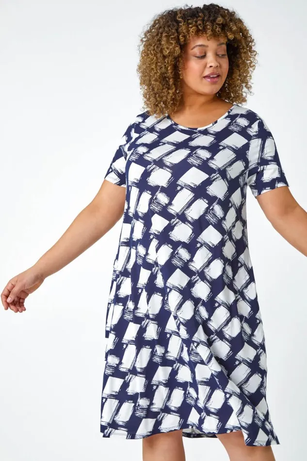 Navy Curve Geometric Print Pocket Stretch Dress Women Roman Dresses