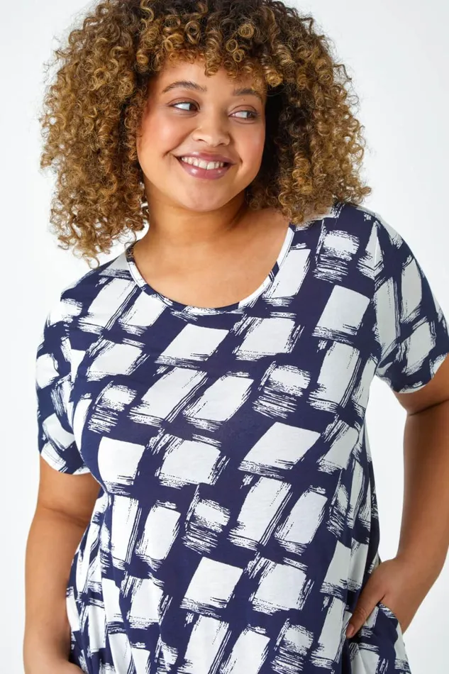 Navy Curve Geometric Print Pocket Stretch Dress Women Roman Dresses